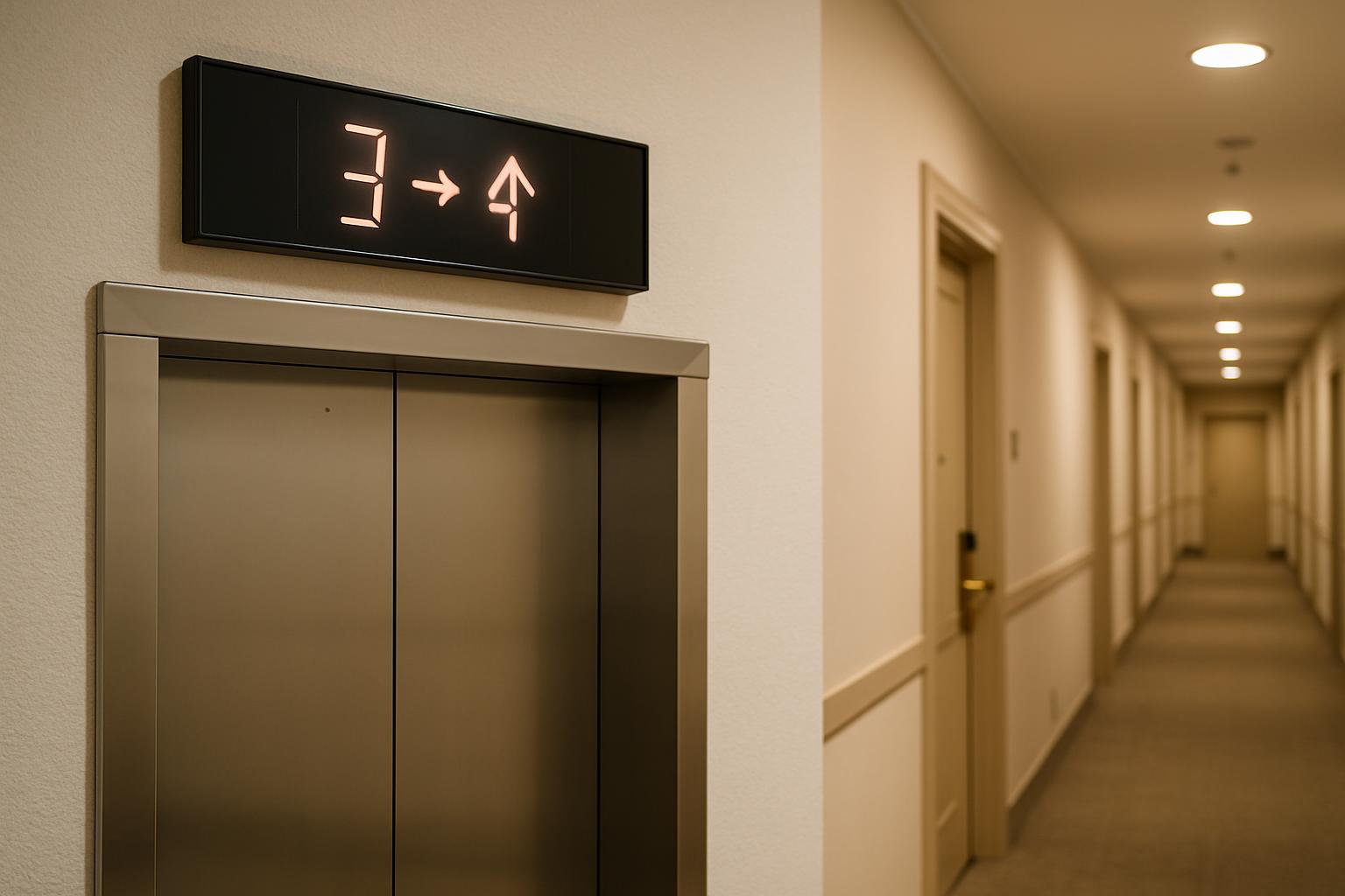 Elevator [Caption: Half view of an elevator in the corner of a long yellow-lit hall. The signage reads, ”3→4”]