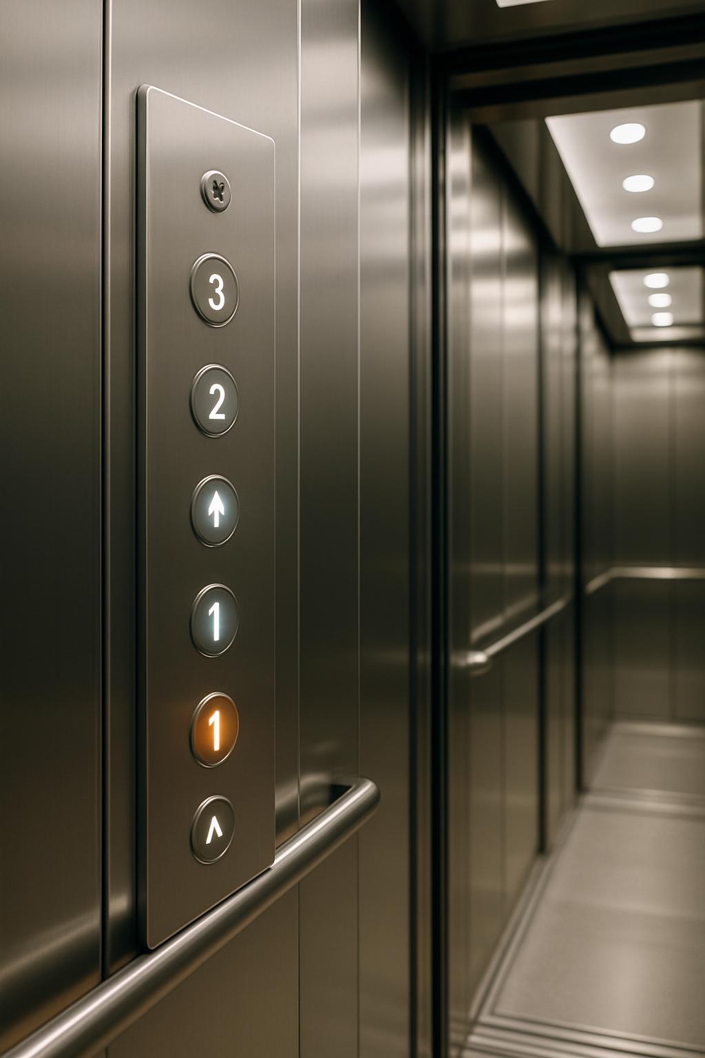 Lift The photograph shows an elevator button panel in a shiny metallic elevator with the inside to the right.