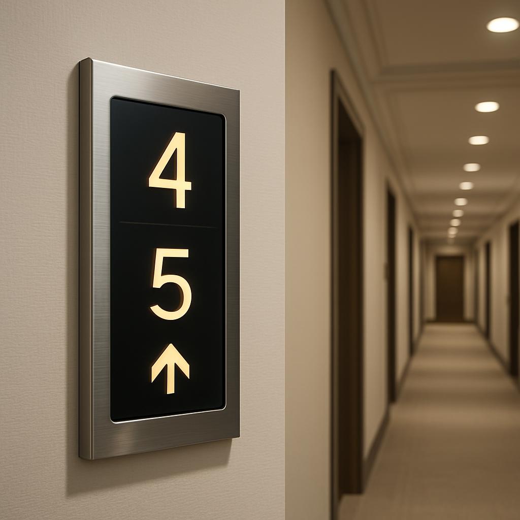 Alt Text: An elevator with floor numbers and arrow on a wall in a hallway.